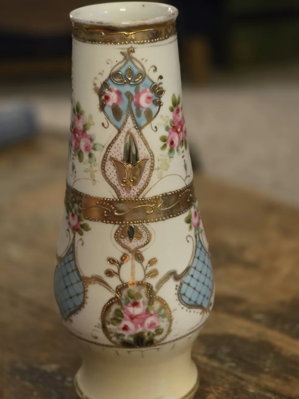 Vintage Decorative Porcelain Vase with Pink Floral and Gold Accents